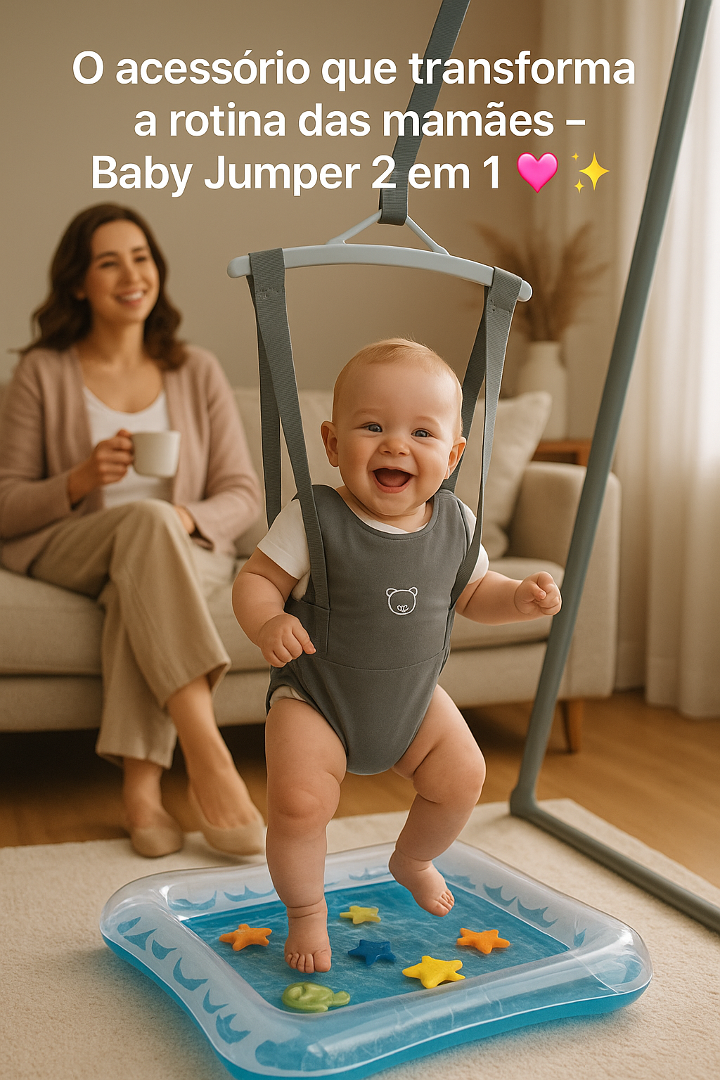 Bebê feliz no Baby Jumper 2 em 1 com tapete de água