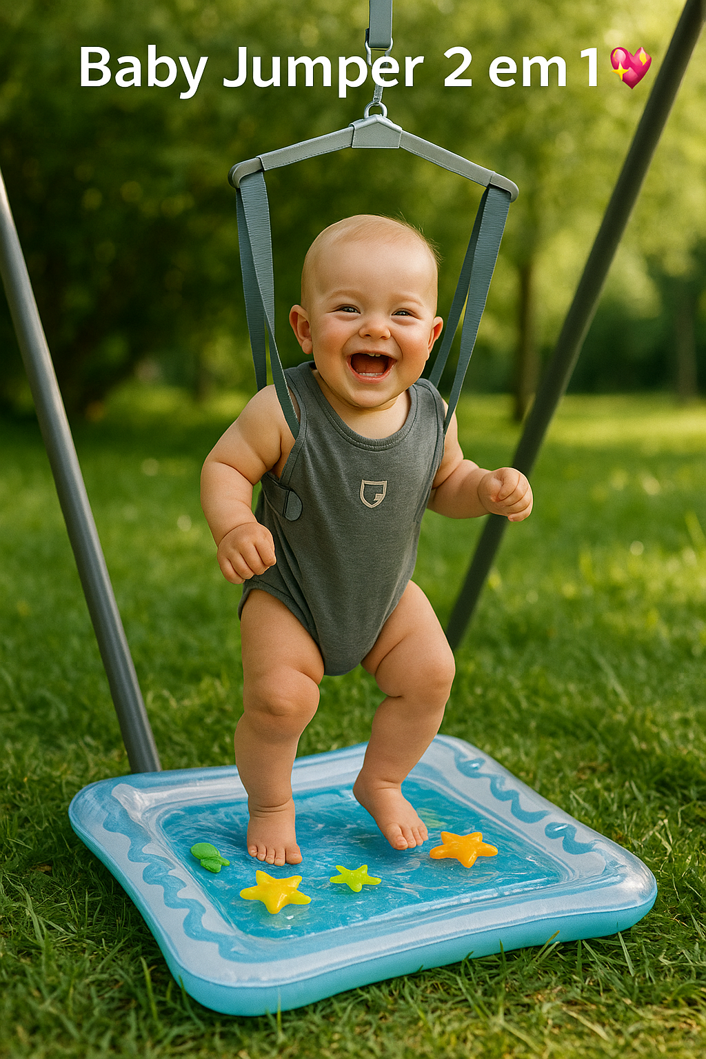 Mamãe sorrindo enquanto bebê brinca no Baby Jumper