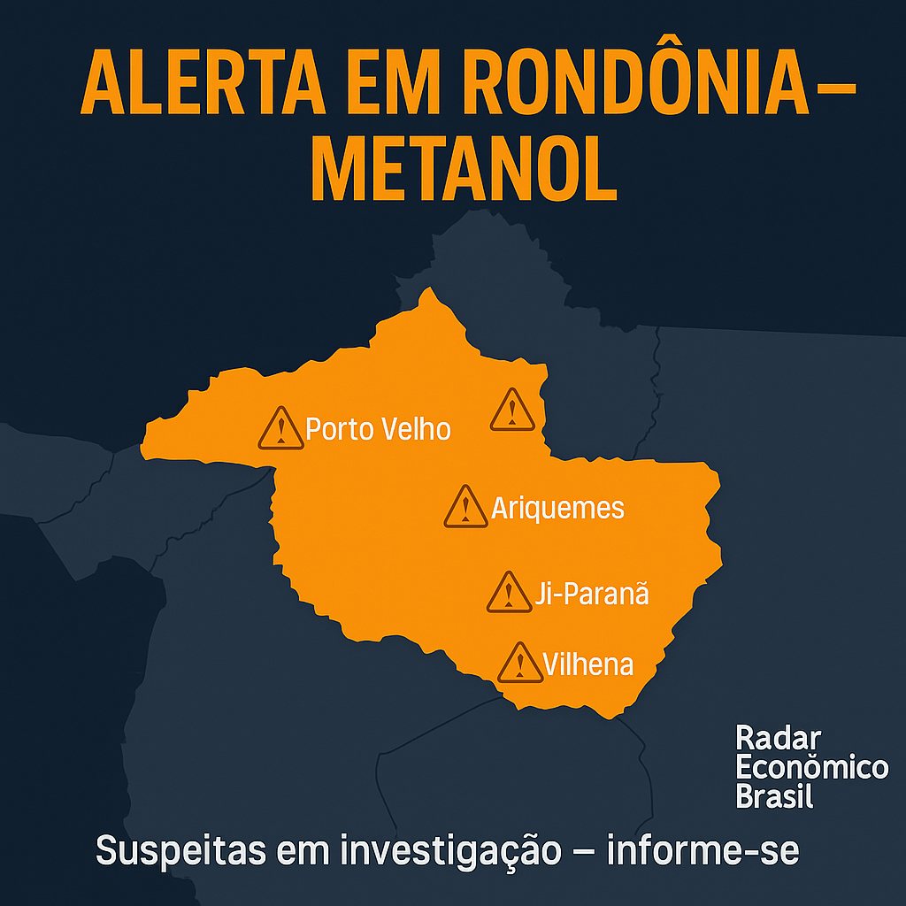 Mapa do Brasil com Rondônia destacada: alerta para bebidas adulteradas com metanol