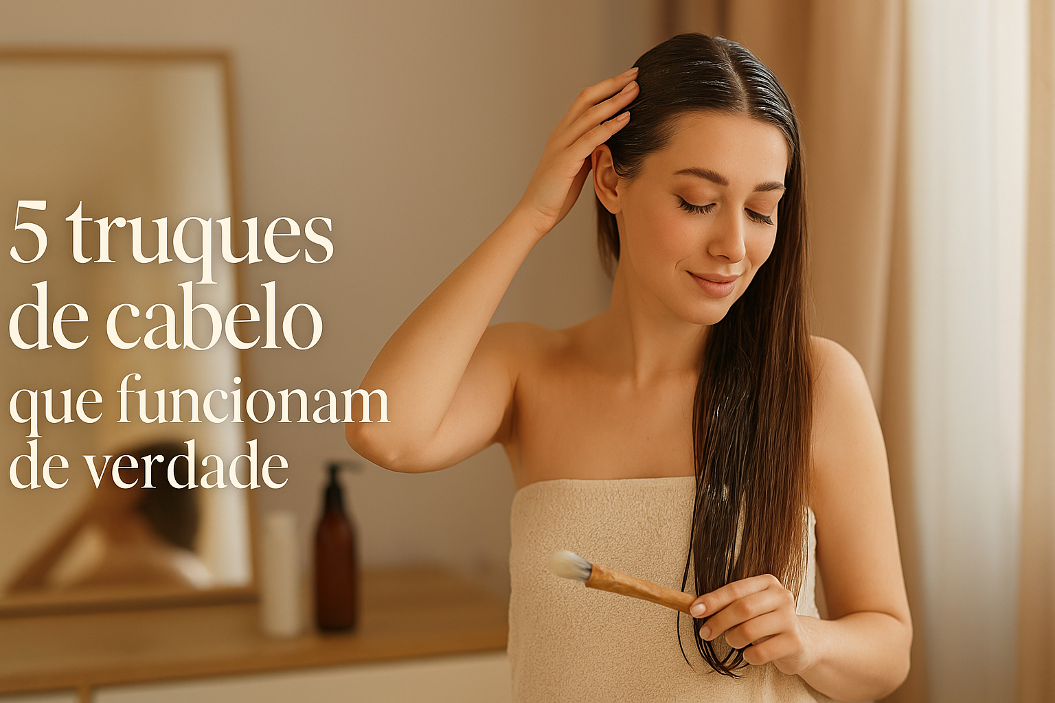 Mulher cuidando do cabelo em casa, rotina simples de beleza