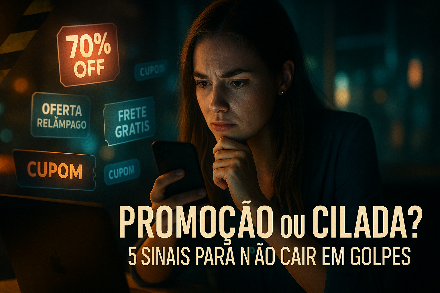 Mulher comparando ofertas no celular sob uma lupa, luz neon de promoção — Promoção ou cilada?