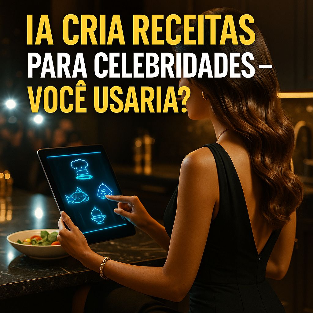 Chef virtual: tablet com ícones de culinária e o tema IA cria receitas para celebridades