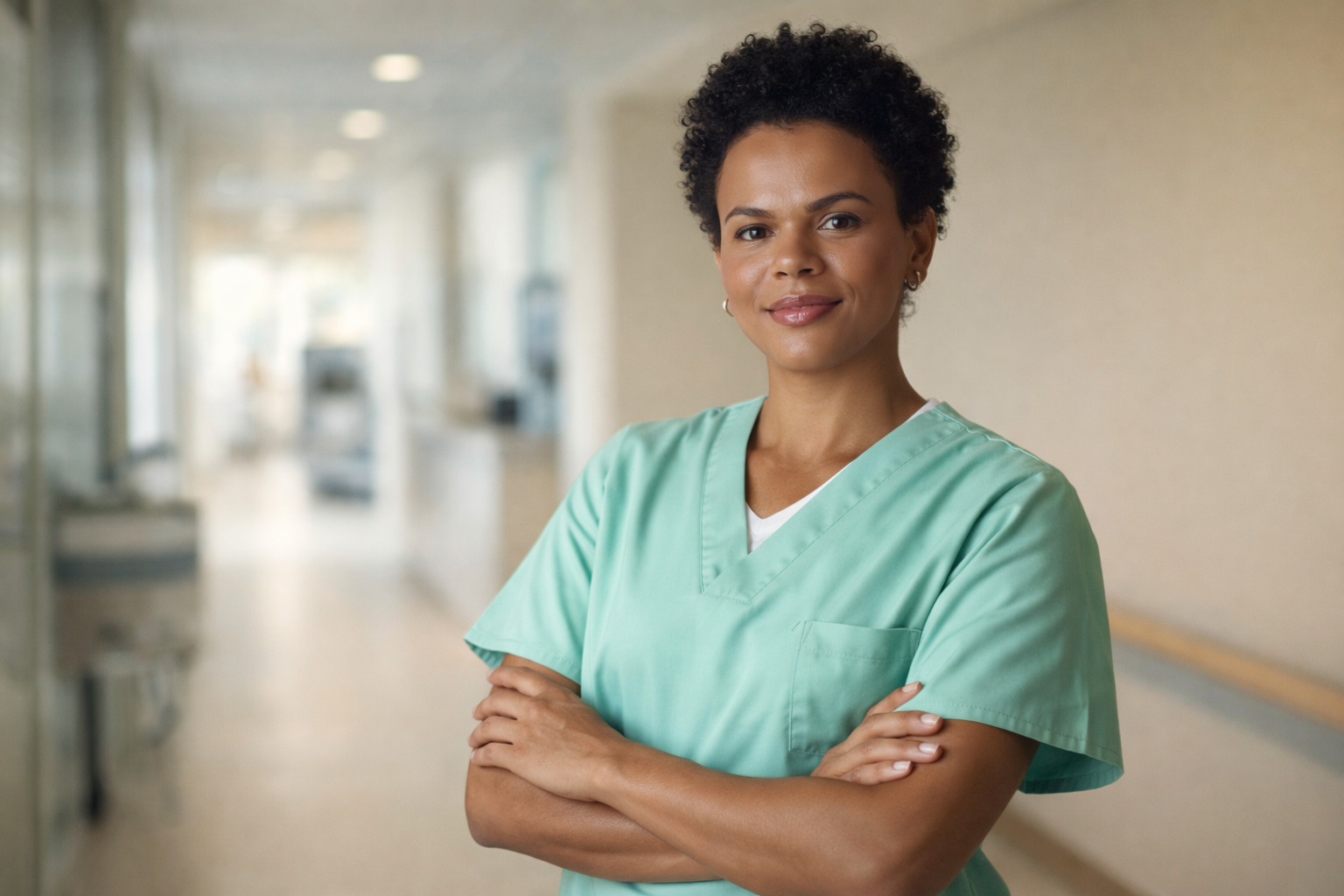 Técnica de enfermagem em ambiente hospitalar representando profissionalismo, postura e confiança