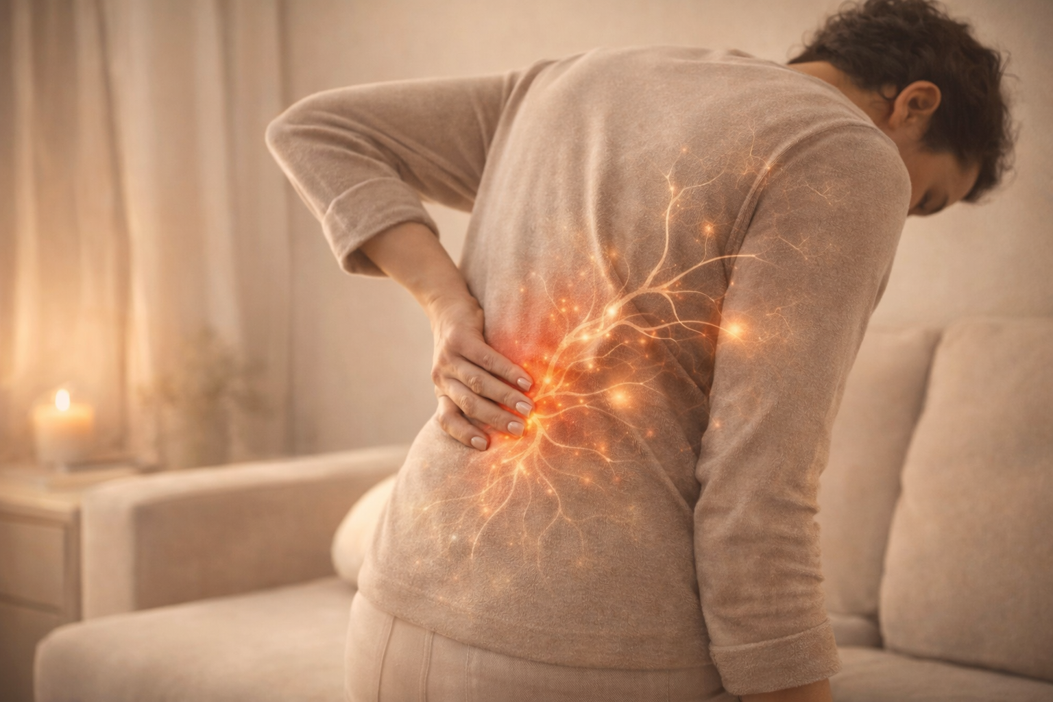 Pessoa sentindo dor nas costas e aliviando com massageador elétrico portátil