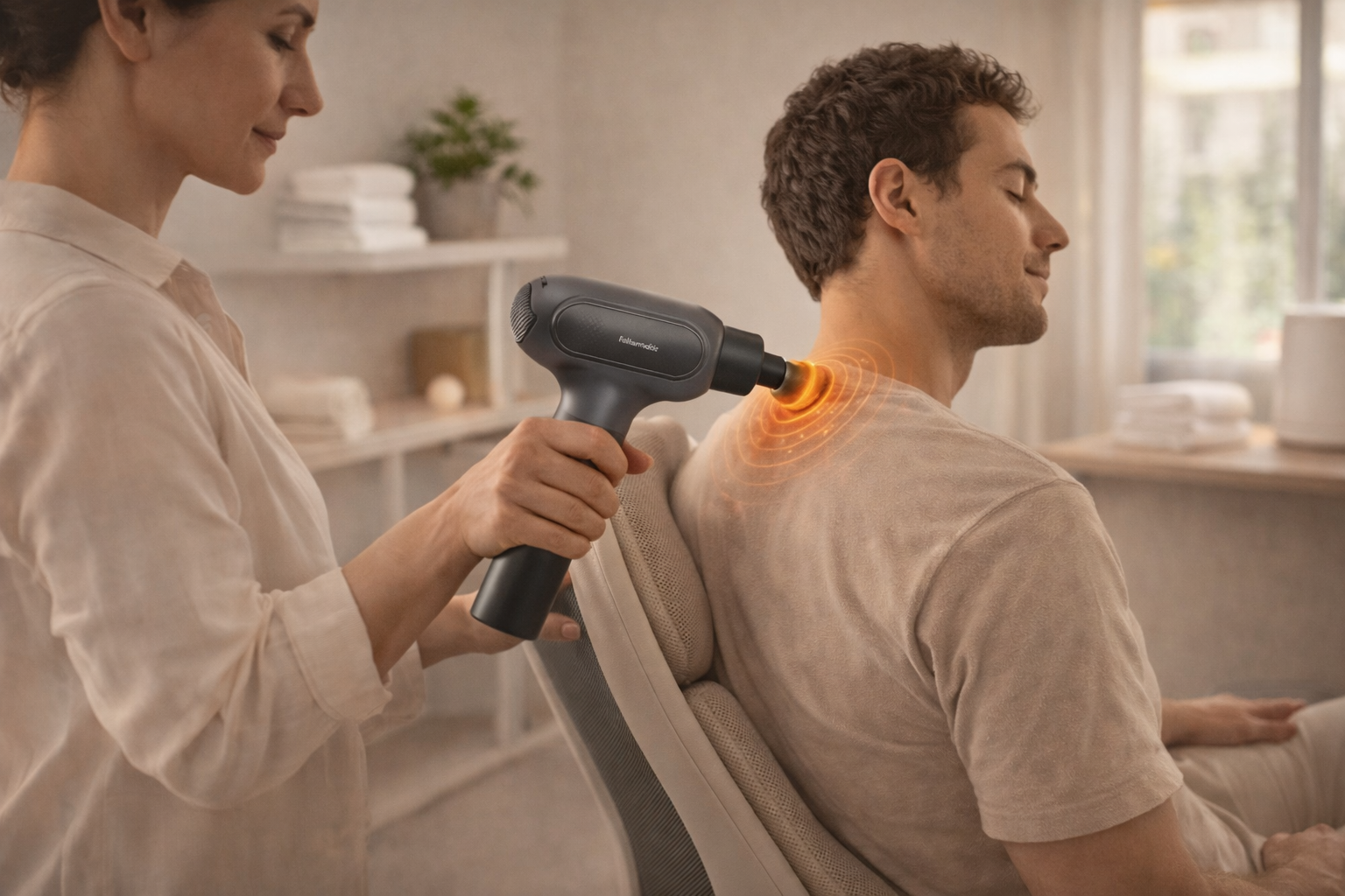 Massageador elétrico sendo utilizado para aliviar dor nas costas