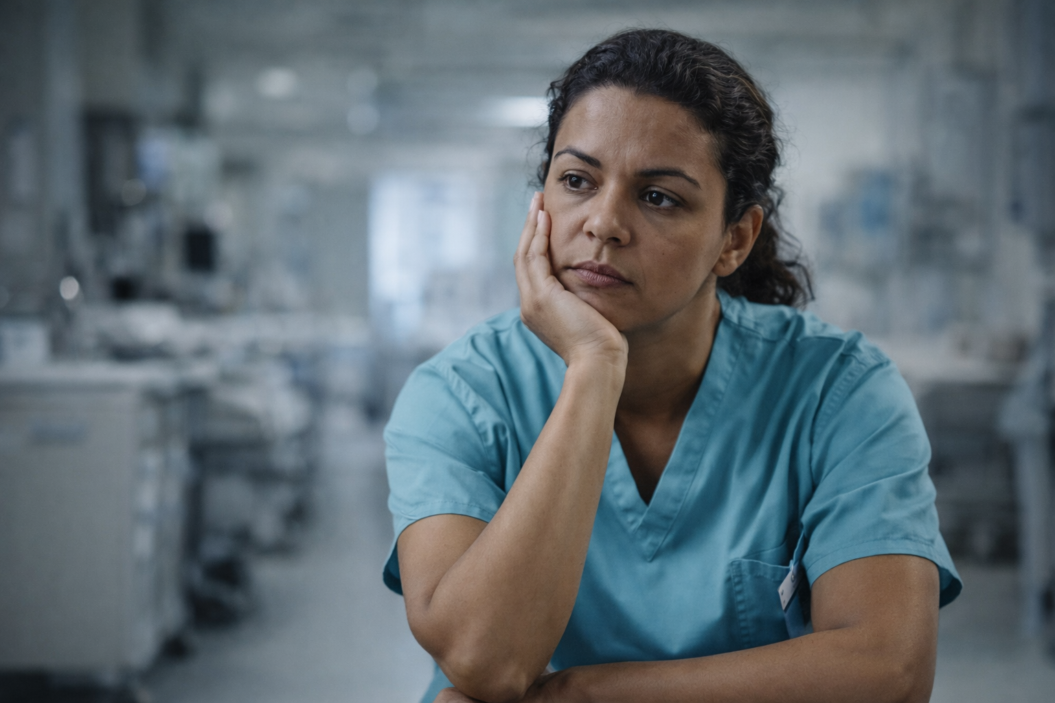 Profissional de enfermagem refletindo sobre carreira, rotina e reconhecimento
