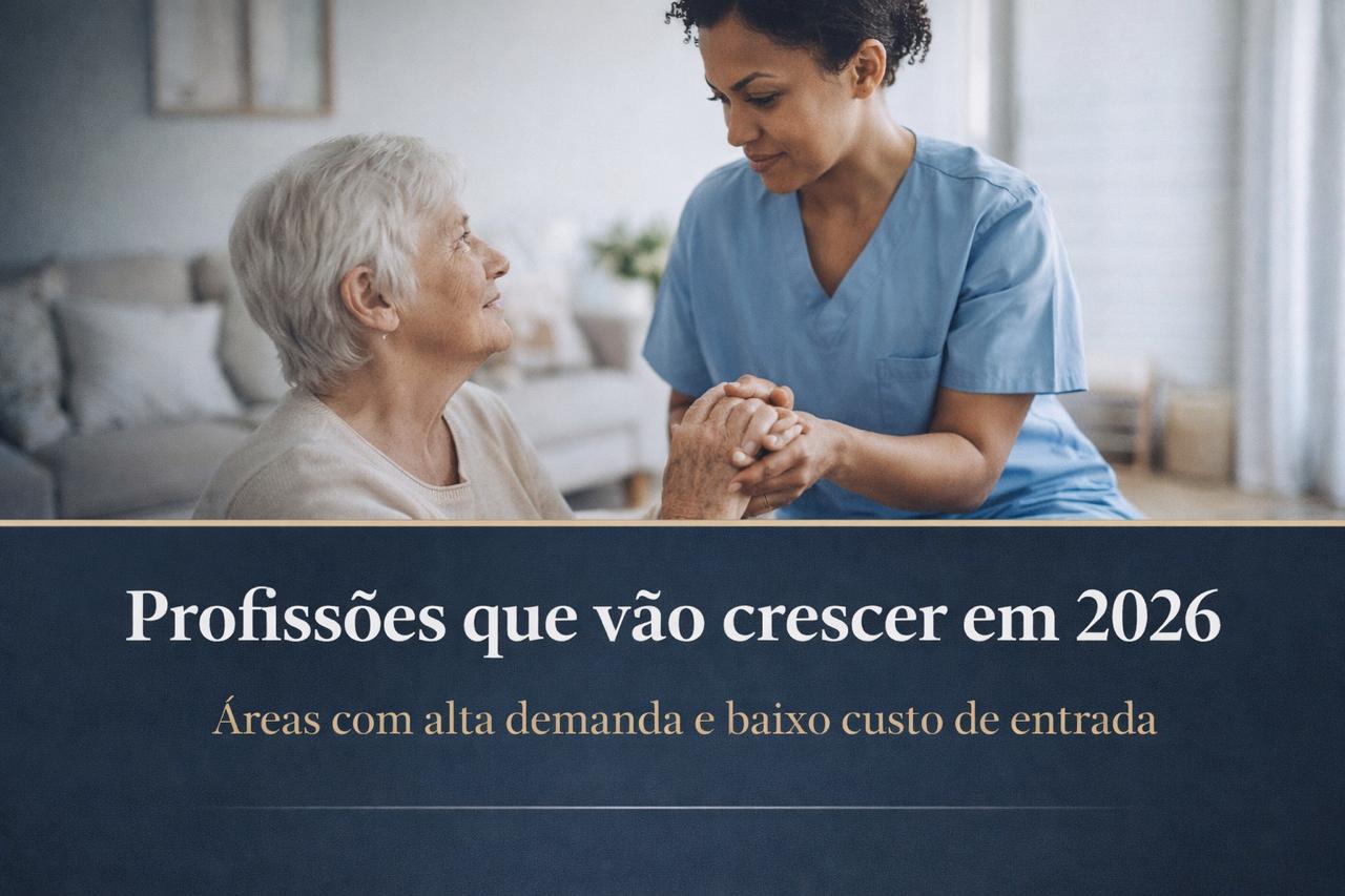 Profissional da área de cuidados auxiliando idosa, representando profissões em crescimento