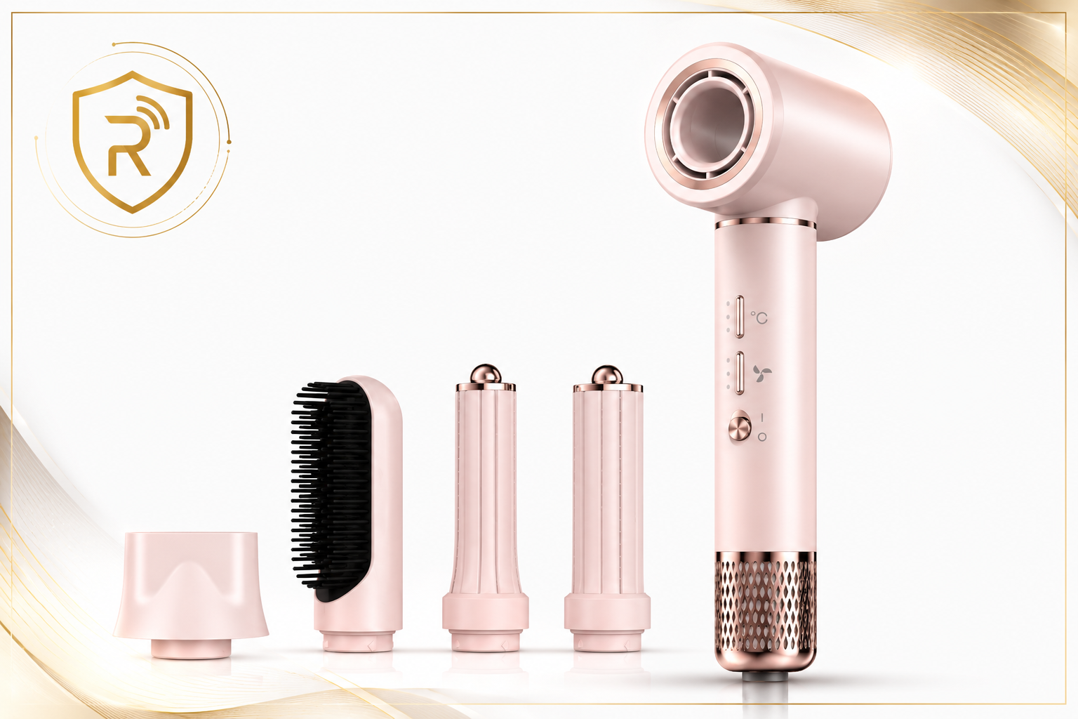 Modelador de cabelo 5 em 1 rosa metálico com acessórios organizados