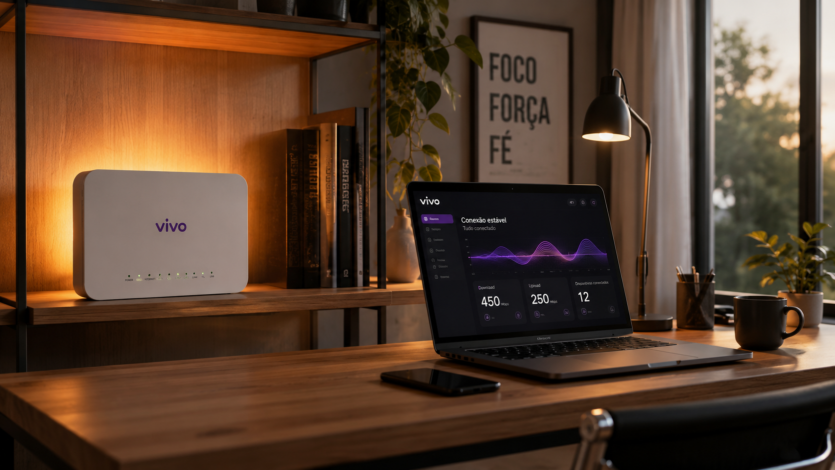 Roteador e notebook em ambiente de escritório moderno representando internet fibra rápida
