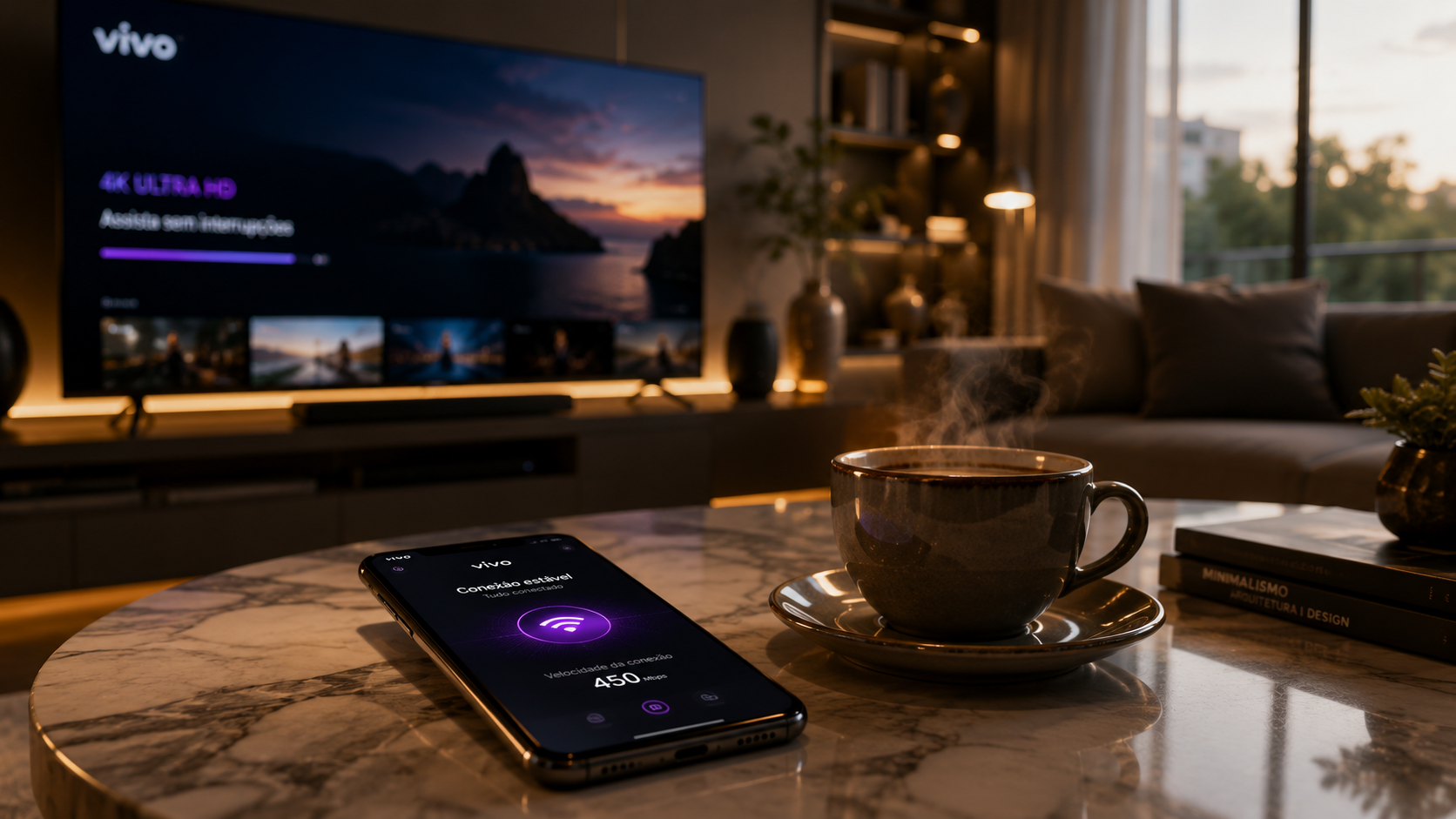 Smartphone em mesa de centro de sala moderna com streaming ao fundo representando ofertas de internet