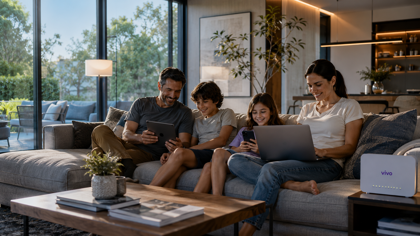 Família reunida na sala utilizando smartphones, tablet e notebook com internet rápida