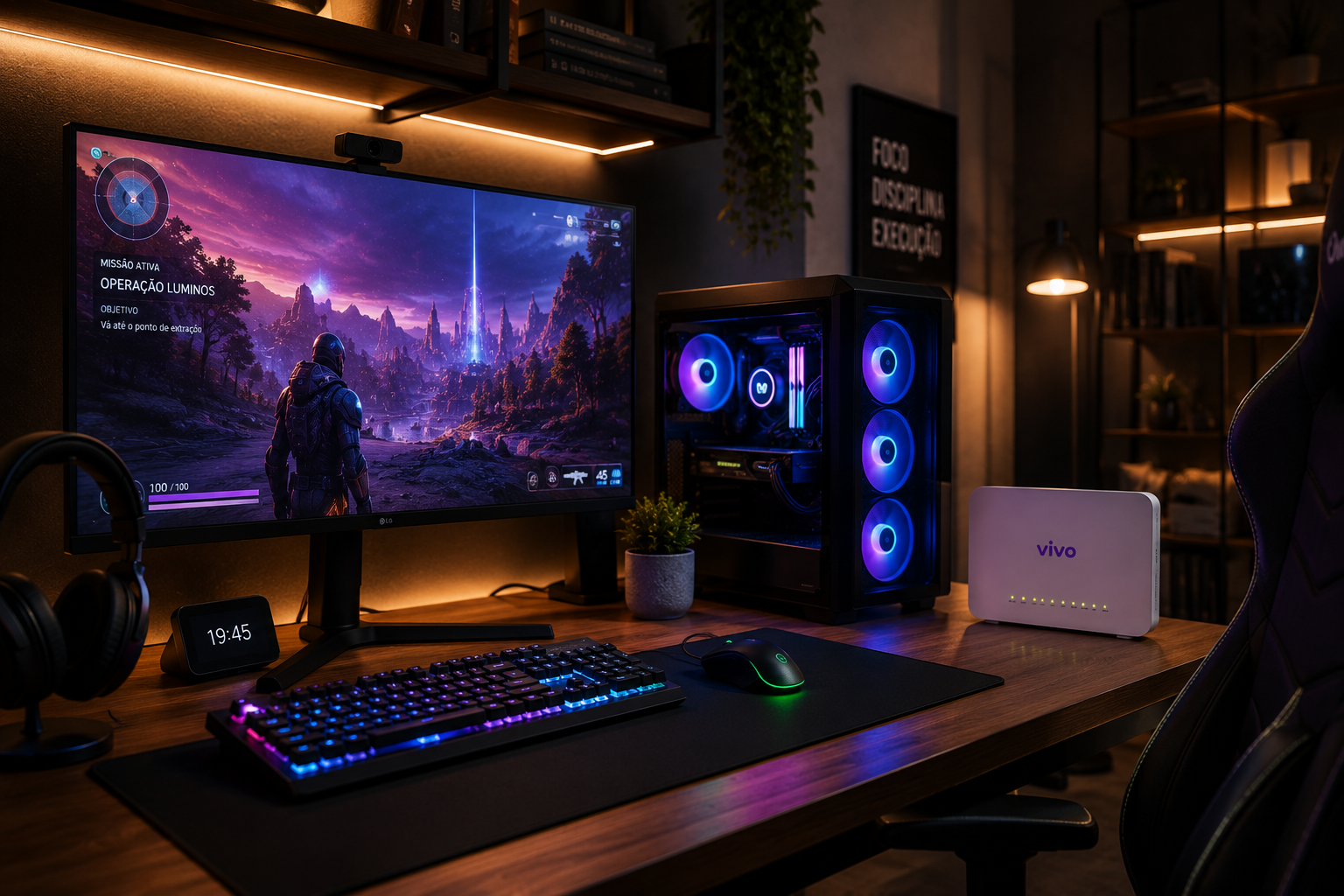Setup gamer moderno com iluminação RGB e monitor de alta taxa de atualização representando conexão de ultravelocidade