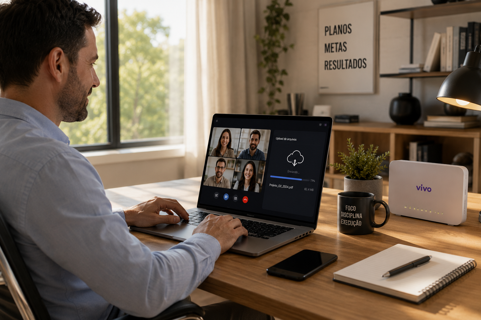 Profissional trabalhando em home office moderno utilizando laptop com conexão de internet rápida
