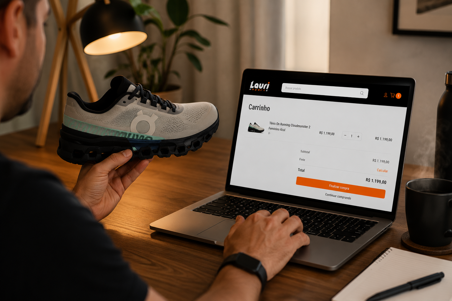 Pessoa pesquisando tênis de corrida com desconto no notebook em ambiente aconchegante