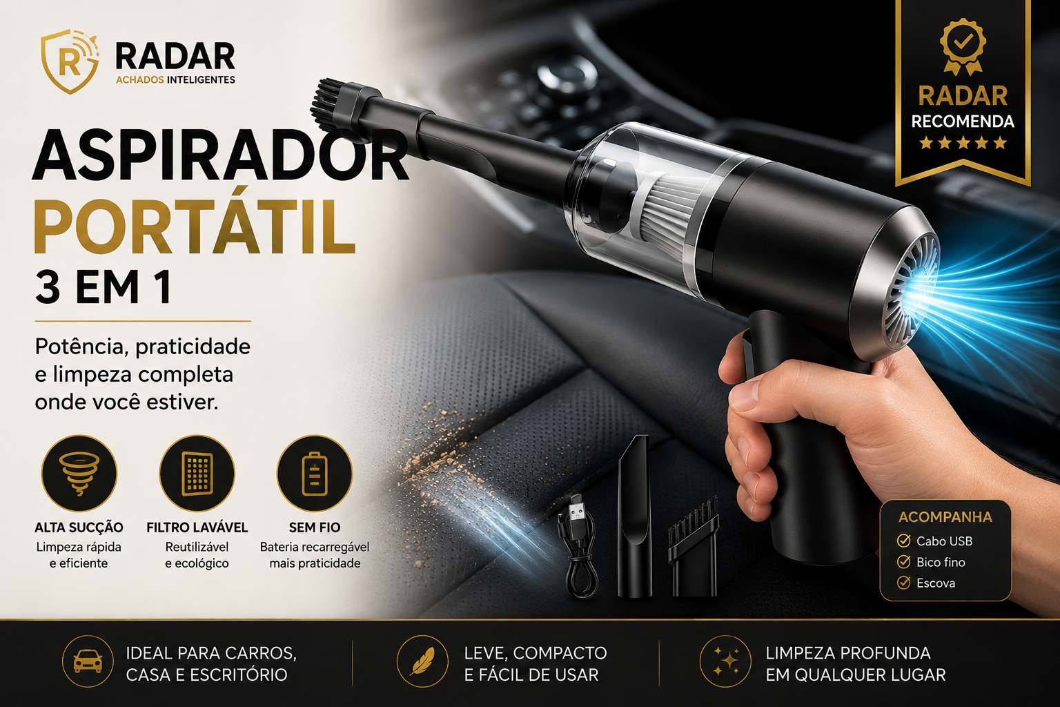 Aspirador de Pó Portátil 3 em 1 para carro - Vale a pena?