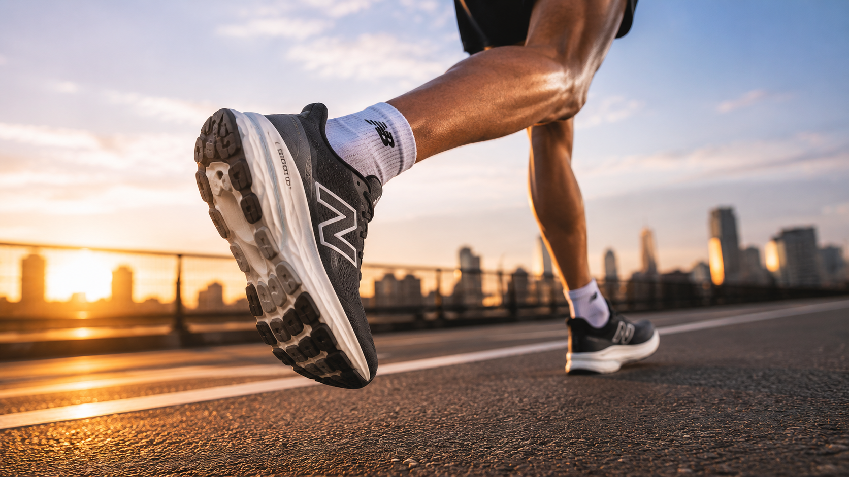 Atleta correndo no asfalto utilizando tênis New Balance de alta performance